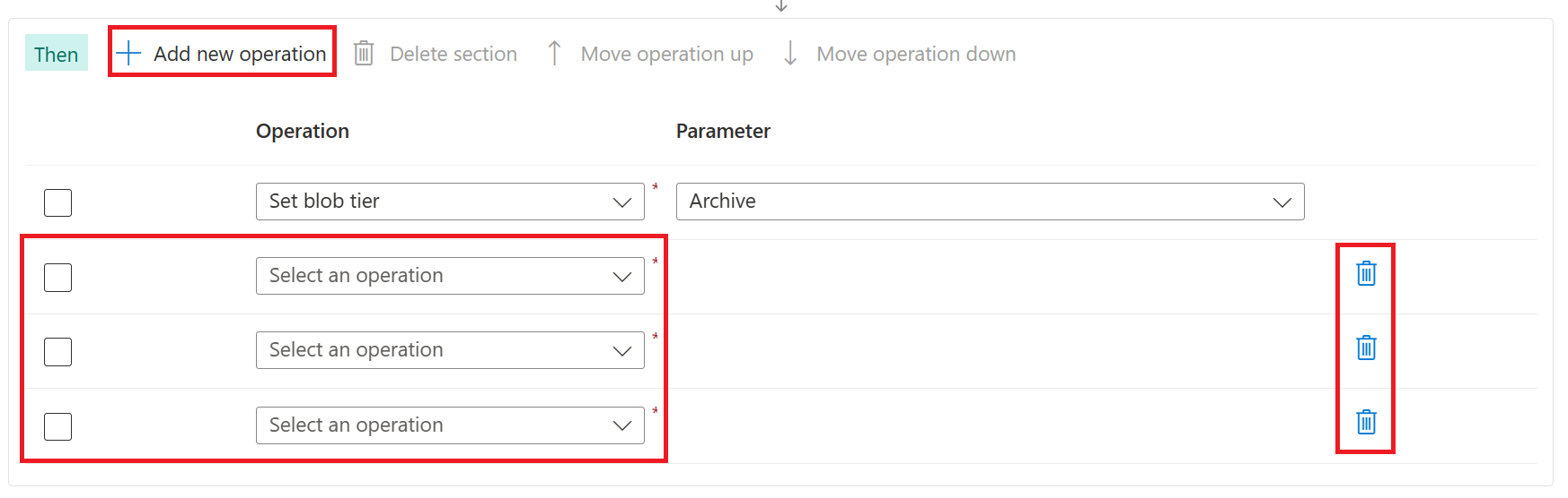 Captura de tela do botão Adicionar nova operação e três operações que foram adicionadas à lista de operações.