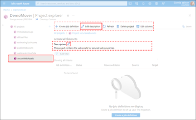 Image of the Project Explorer's Project properties tab within the Azure portal. It illustrates the location of the edit controls.