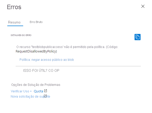 Captura de tela mostrando o erro que ocorre ao criar uma conta de armazenamento em violação da política
