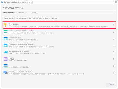 Captura de tela que mostra o painel Gerenciador de Armazenamento do Microsoft Azure – Painel Selecionar recurso