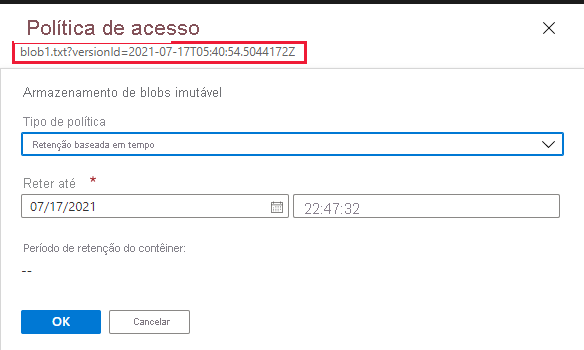 Captura de tela que mostra como configurar a política de retenção para uma versão anterior de blob no portal do Azure