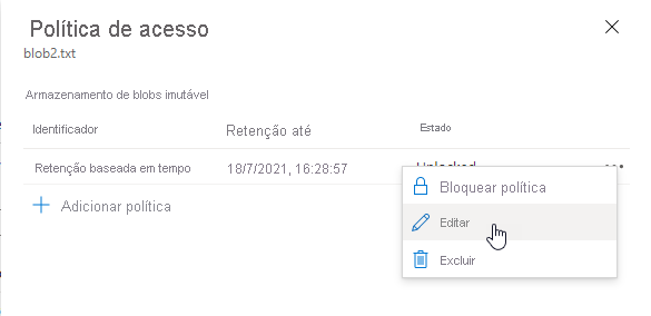 Captura de tela que mostra como editar uma política de retenção baseada em tempo no nível de versão existente no portal do Azure