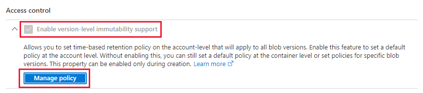 Captura de tela que mostra como gerenciar a política de imutabilidade no nível da versão para uma conta de armazenamento