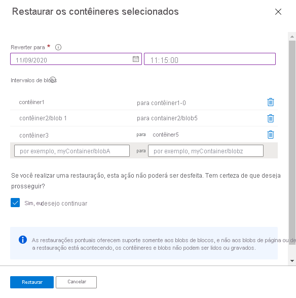 Captura de tela mostrando como restaurar intervalos de blobs em um ou mais contêineres