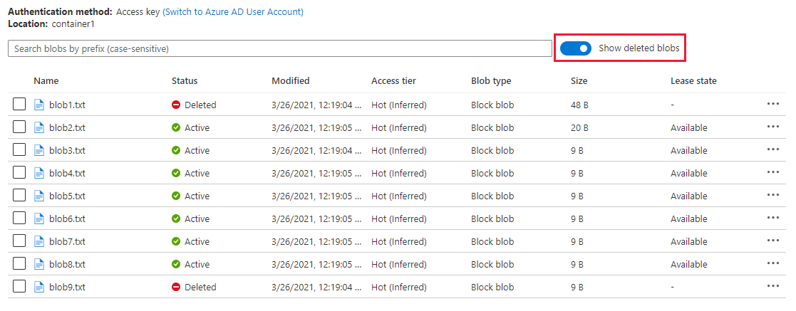 Captura de tela mostrando como listar blobs excluídos de forma reversível no portal do Azure