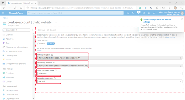 Imagem mostrando as propriedades do site estático no portal do Azure