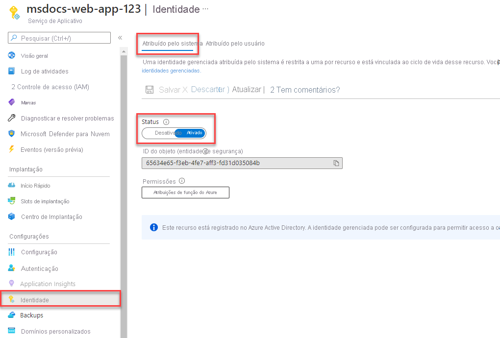 Screenshot showing how to assign a system assigned managed identity.