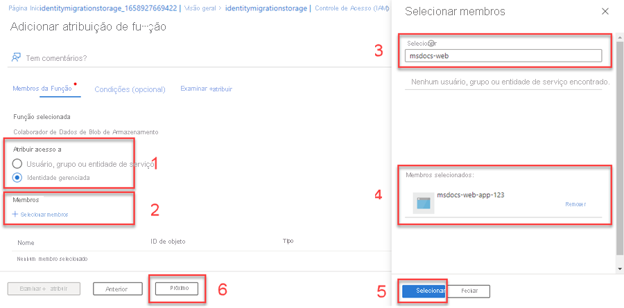 Captura de tela mostrando como selecionar a identidade gerenciada atribuída.