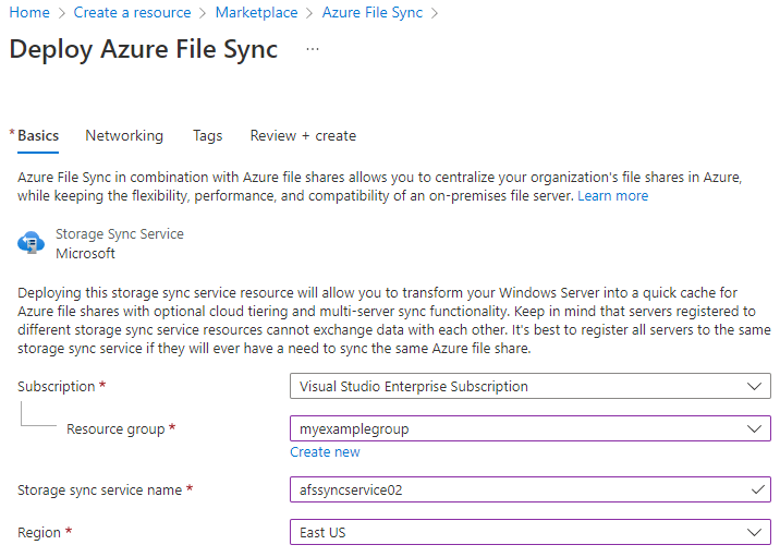 Captura de tela mostrando como implantar o Serviço de Sincronização de Armazenamento no portal do Azure.