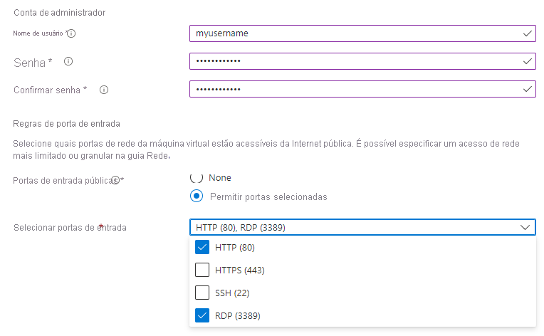 Captura de tela mostrando como definir o nome de usuário, a senha e as regras de porta de entrada para a V M.