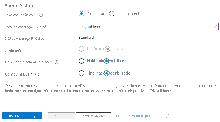 Captura de tela mostrando como especificar o endereço IP público de um gateway de rede virtual usando o portal do Azure.