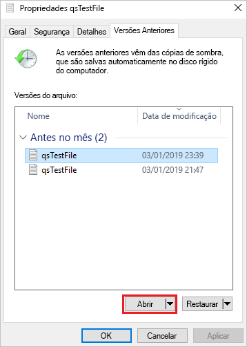 Captura de tela da guia “Versões anteriores”.