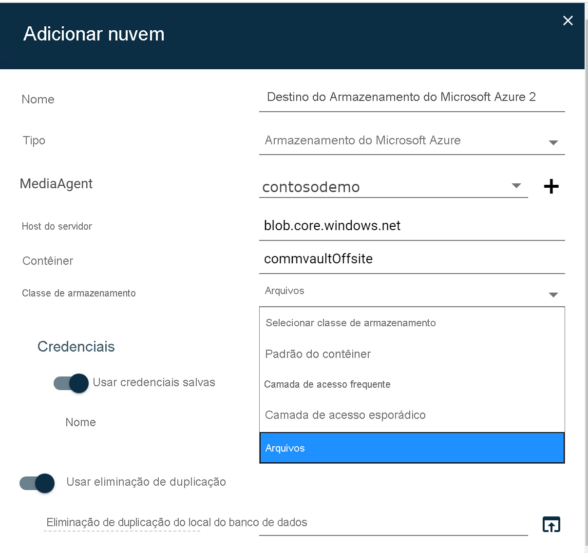 Captura de tela da interface do usuário Adicionar nuvem do Commvault. No menu suspenso Arquivos, a opção Arquivos está selecionada.