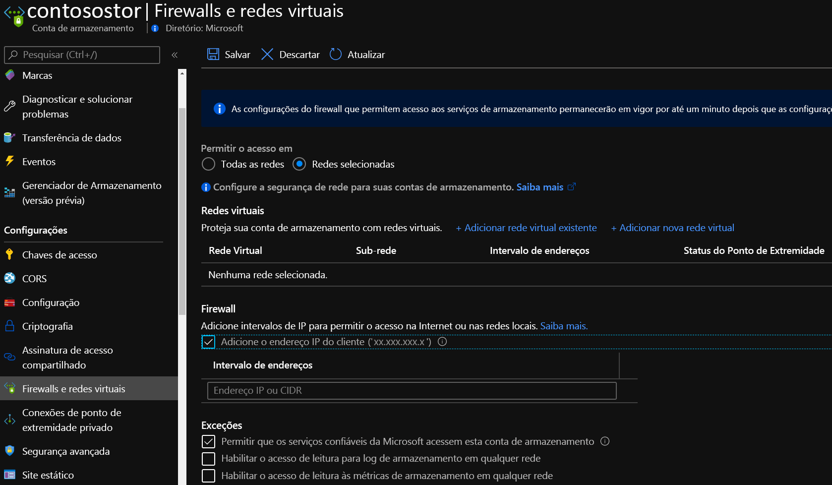 Mostra as configurações de firewall de armazenamento no portal.