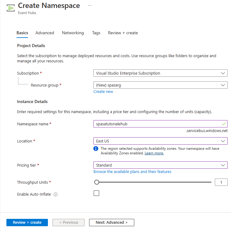 Captura de tela mostrando a página Criar namespace.