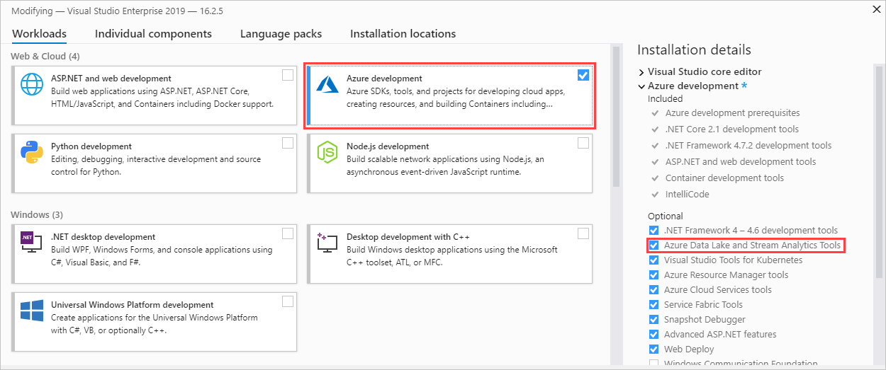 A carga de trabalho de desenvolvimento do Azure é selecionada