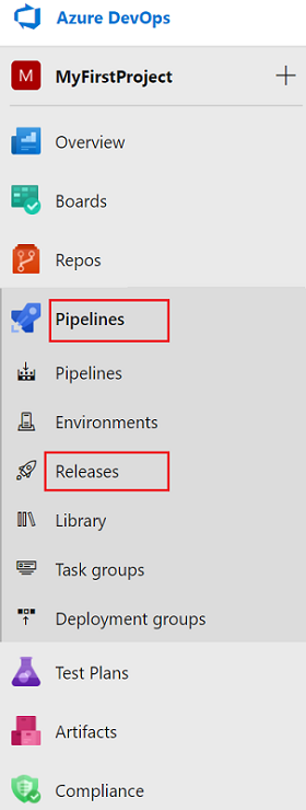 Captura de tela que mostra a seleção de Pipelines e, em seguida, os Lançamentos no menu do Azure DevOps.