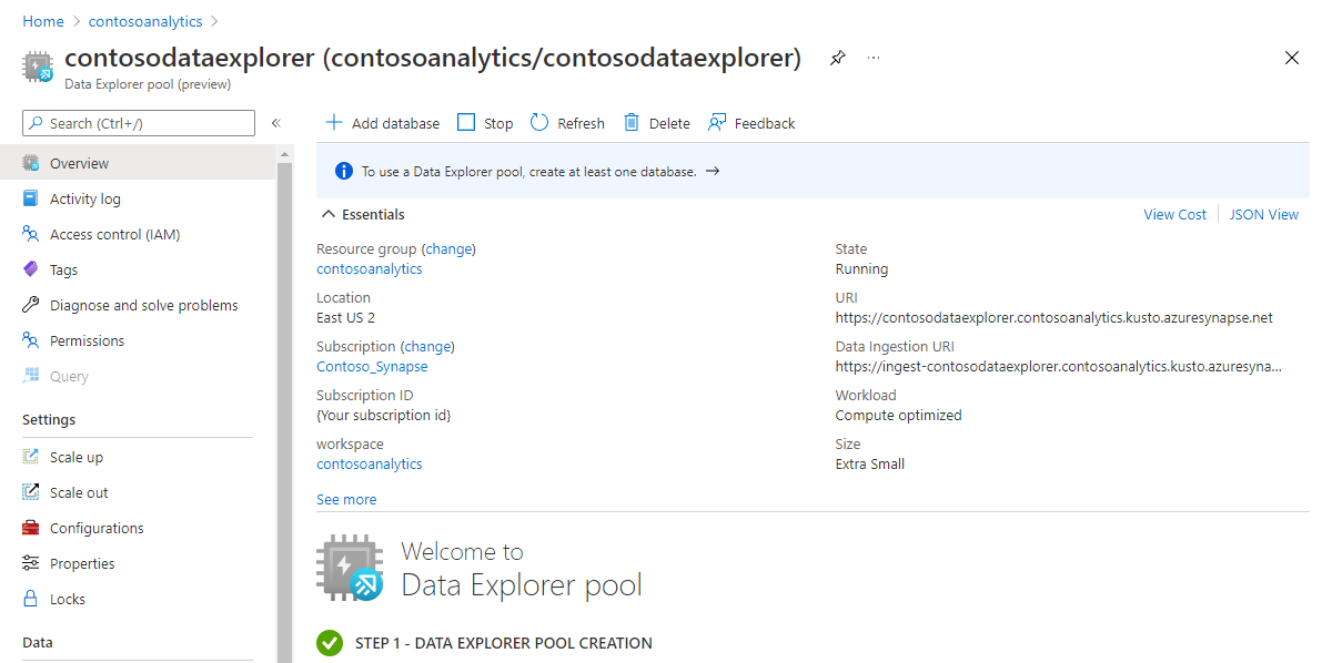 Lista de novos pools do Data Explorer no portal do Azure