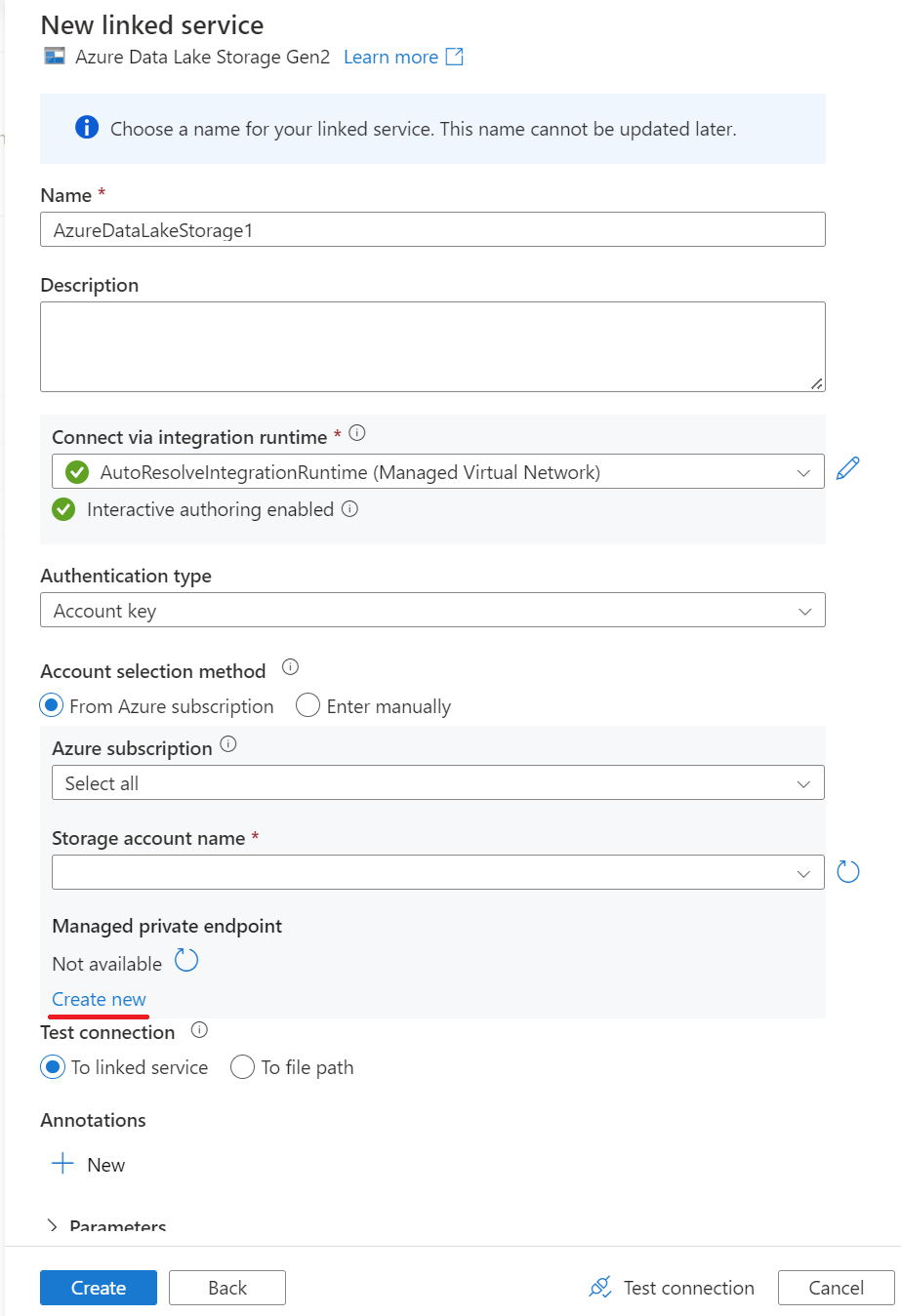 Captura de tela de um novo ponto de extremidade privado 1 do serviço vinculado do banco de dados do Azure SQL Server 2022.