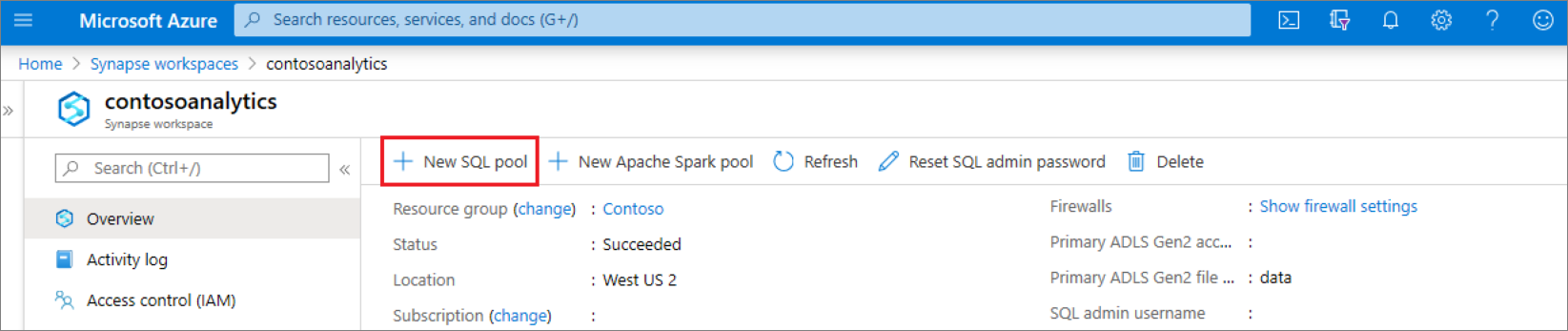 Visão geral do workspace do Azure Synapse com uma caixa vermelha em torno do comando para criar um pool de SQL dedicado.