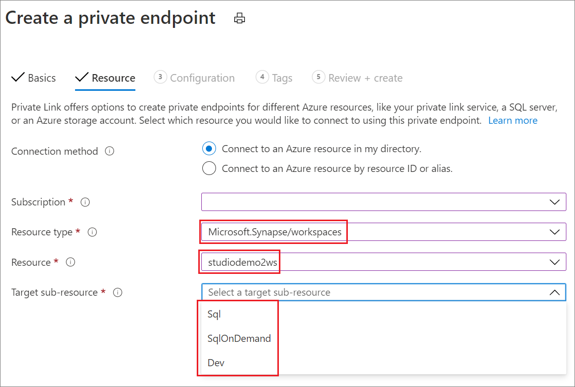 Captura de tela de Criar um ponto de extremidade privado, guia Recursos, workspace.