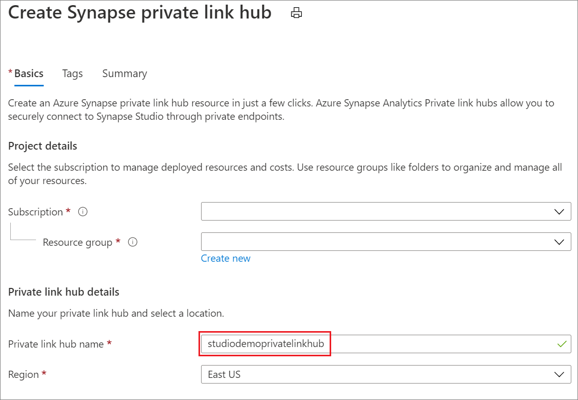 Captura de tela de criar Hub de link privado do Synapse.