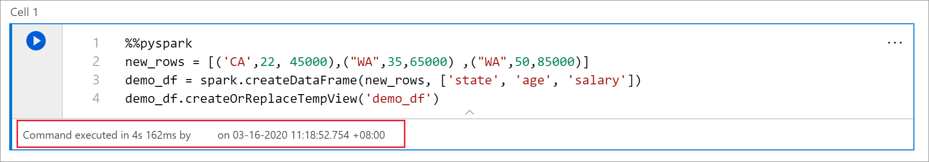 Captura de tela do resumo de uma execução de célula em um notebook do Synapse.