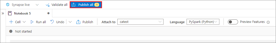 Captura de tela do botão para publicar alterações em todos os notebook em um espaço de trabalho do Synapse.