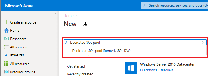 Uma captura de tela do portal do Azure. Criar um data warehouse vazio.