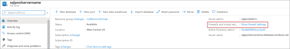 Uma captura de tela do portal do Azure. Configurações do servidor, Mostrar configurações do firewall.