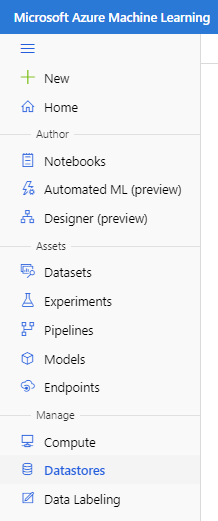 Captura de tela do painel esquerdo da interface Azure Machine Learning