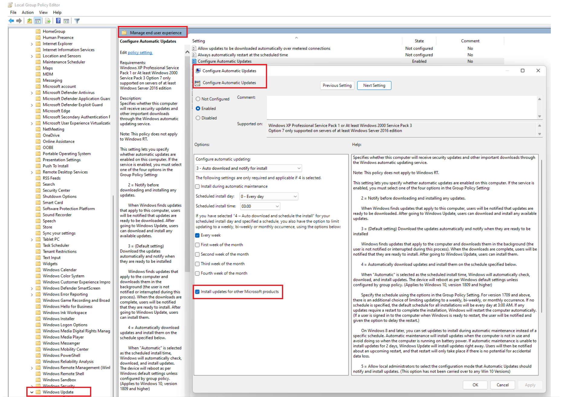 Captura de tela da seleção ou desmarcação da instalação de atualizações para outros produtos da Microsoft.