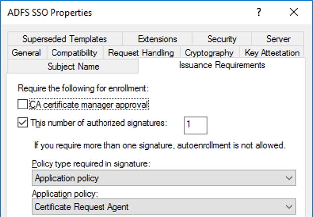 Uma captura de tela mostrando a guia de requisitos de emissão do modelo de certificado de SSO e qual é a aparência dela quando configurada corretamente.