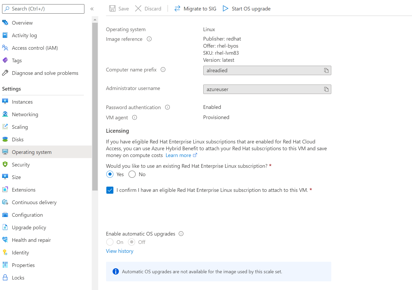 Captura de tela do painel Benefício Híbrido do Azure para o sistema operacional depois de criar uma máquina virtual.