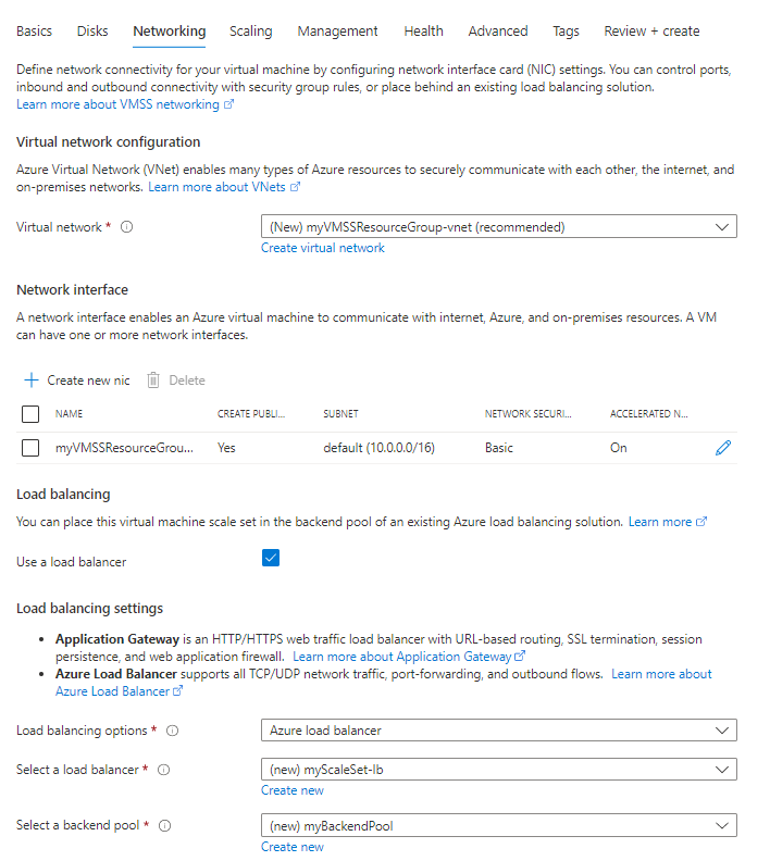 Uma captura de tela da guia Rede no portal do Azure durante o processo de criação do Conjunto de Dimensionamento de Máquinas Virtuais.