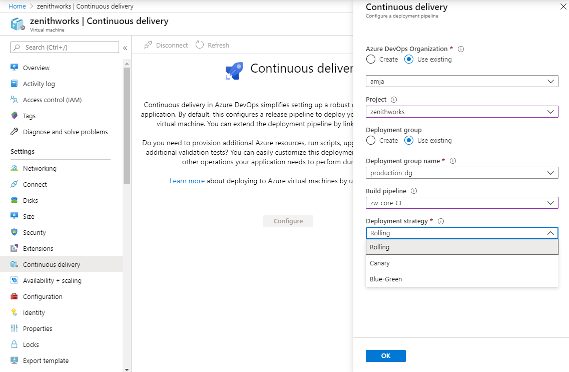 Uma captura de tela mostrando como configurar a estratégia de implantação sem interrupção.