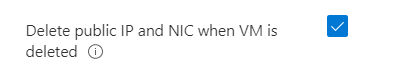 Captura de tela mostrando a caixa de seleção de escolha para excluir o IP público e NIC quando a VM for excluída.