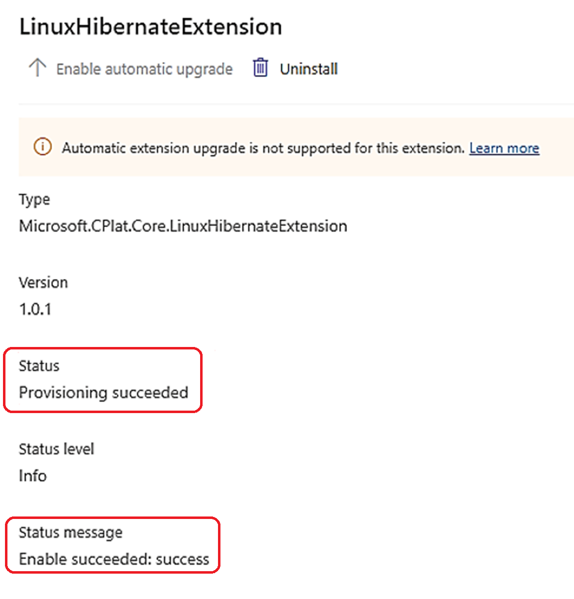 Captura de tela da mensagem de status e o status informando que o provisionamento foi bem-sucedido para uma VM do Linux.