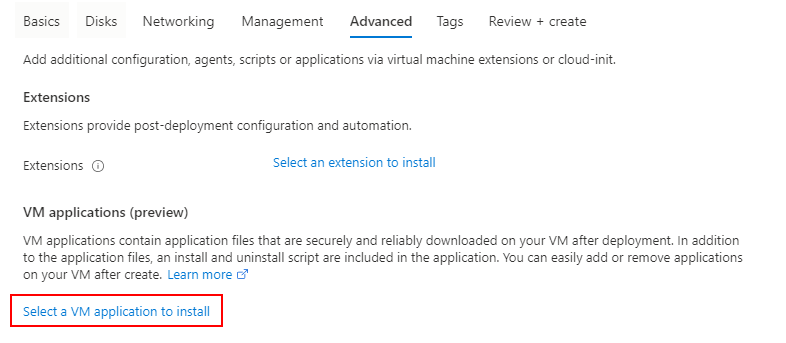 Captura de tela da guia Avançado em que você optar por instalar um aplicativo de VM.