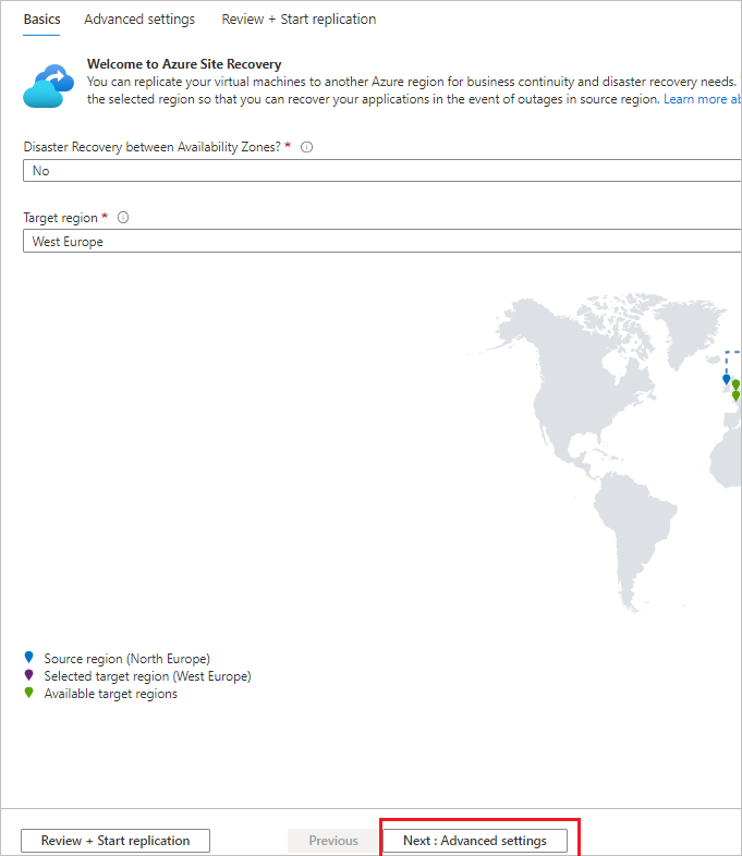 Definir as opções básicas de recuperação de desastre para uma VM.