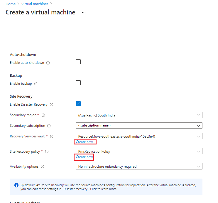 Habilitar a replicação na página de propriedades de gerenciamento da VM.