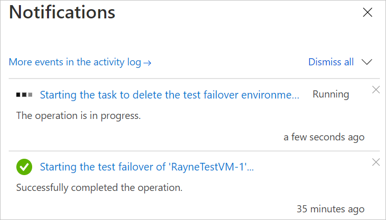 Notificações para monitorar a VM de teste de exclusão.