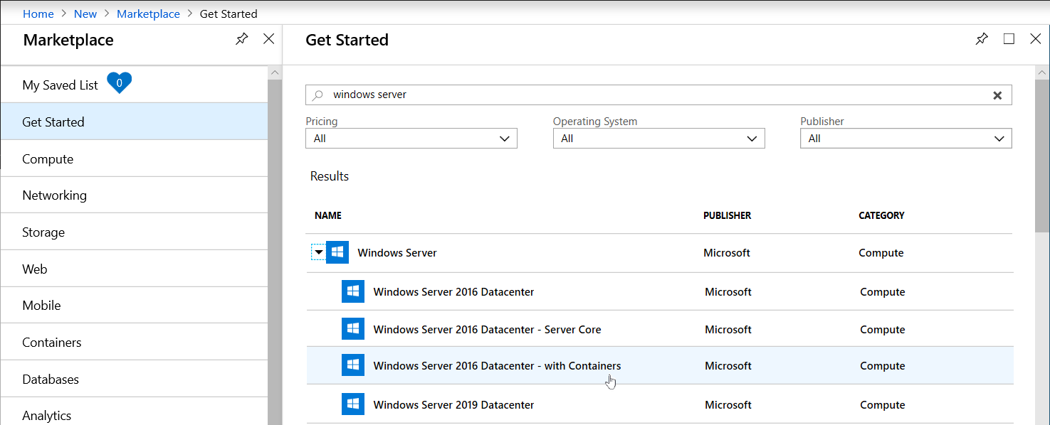 Captura de tela mostrando resultados de pesquisa no portal do Azure