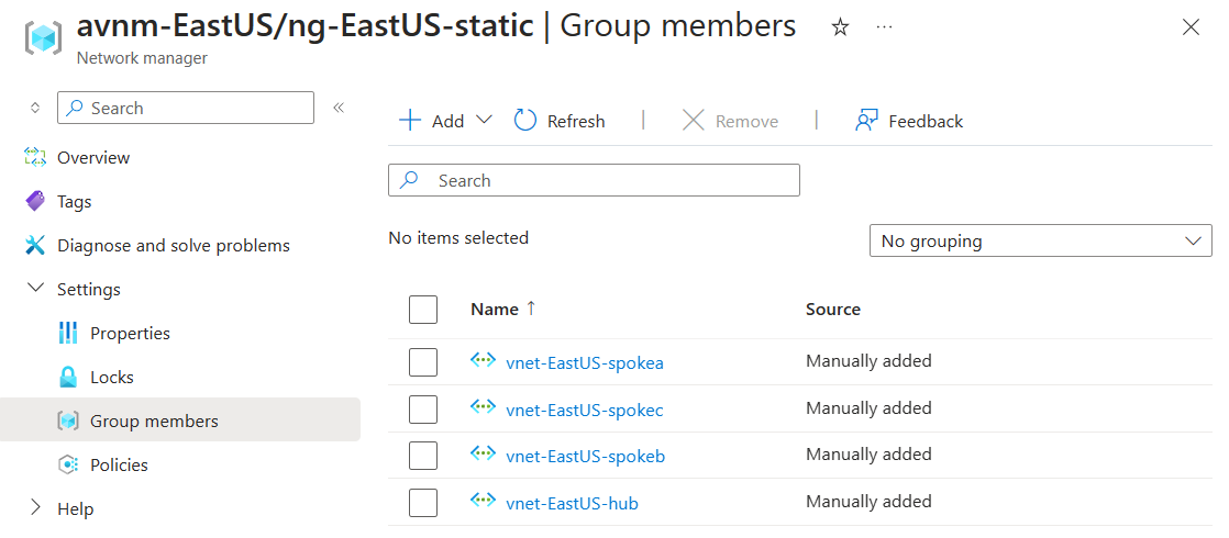 Captura de tela de membros estáticos no grupo de rede ded uma implantação de topologia estática.