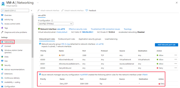 Captura de tela de regras de administrador de segurança nas configurações de rede da máquina virtual.