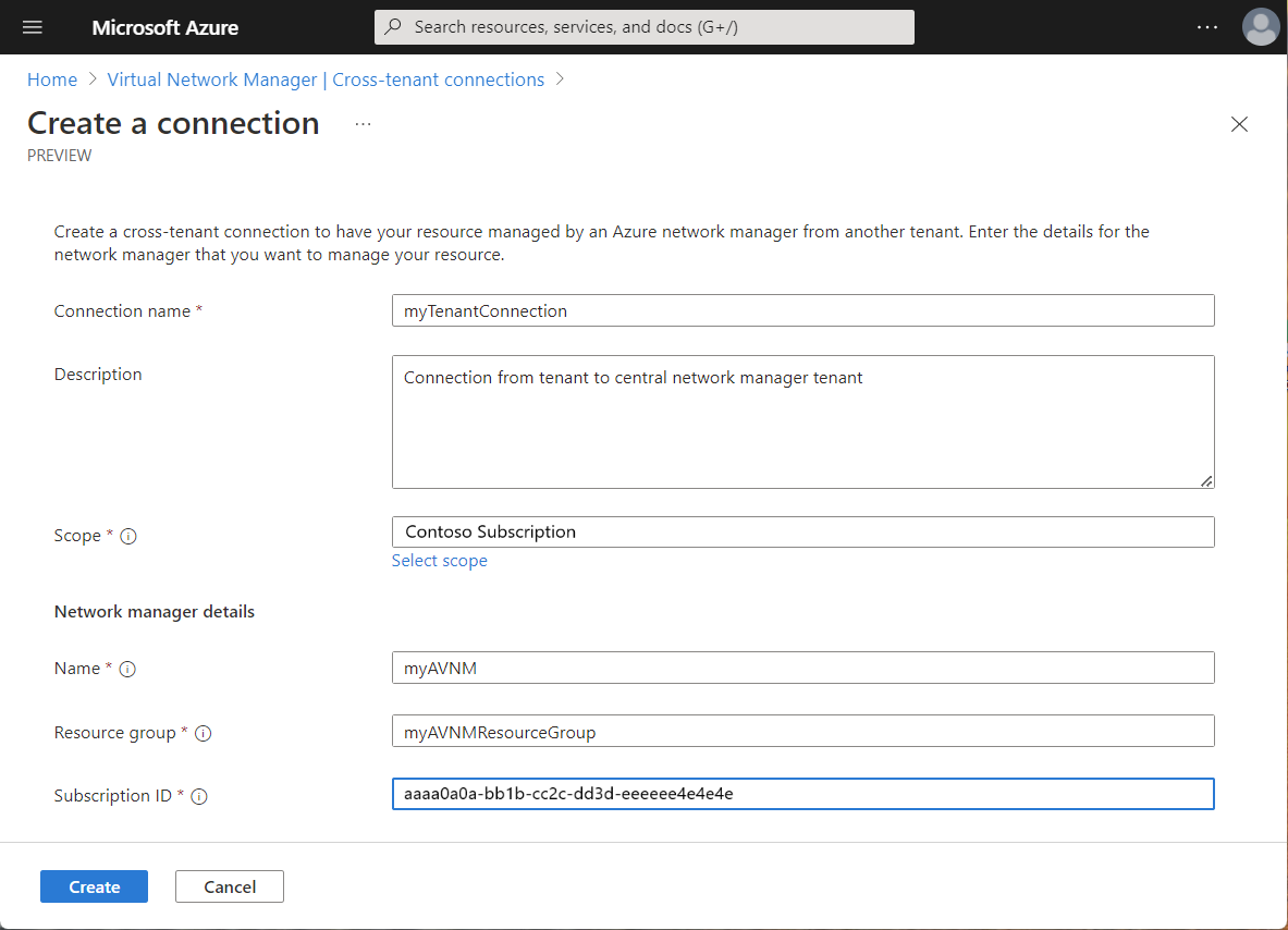 Captura de tela das configurações para criar uma conexão entre locatários.