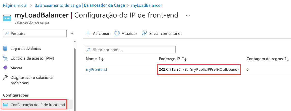 Captura de tela da página de configuração de IP do front-end do balanceador de carga mostrando o novo prefixo de IP público.