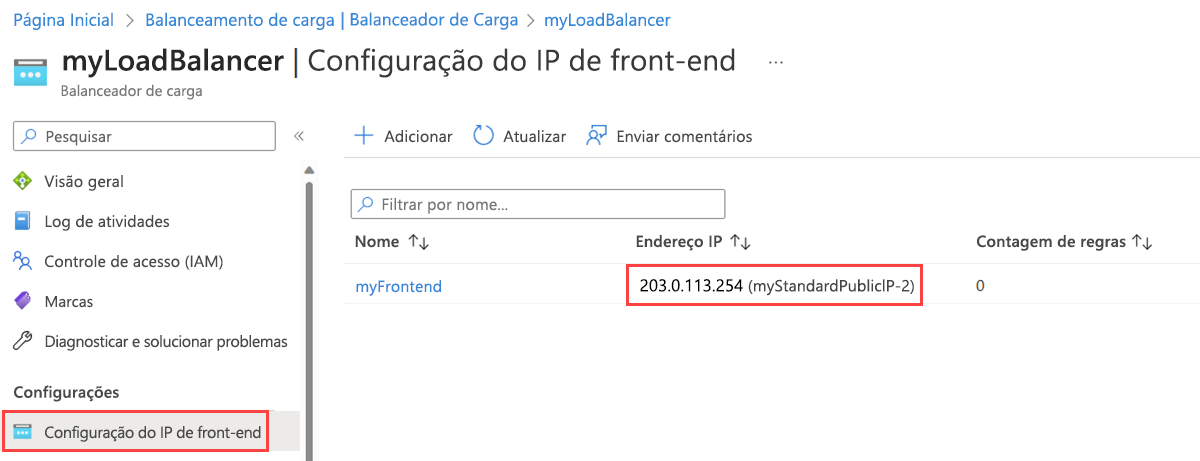 Captura de tela da página de configuração de IP do front-end do balanceador de carga mostrando o novo endereço IP público.