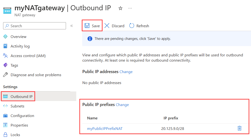 Captura de tela da página de configuração do IP de saída do gateway NAT mostrando o novo prefixo de IP público.