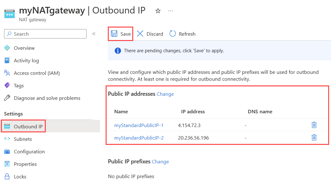 Captura de tela da página de configuração de IP de saída do gateway NAT mostrando o endereço IP público adicionado.